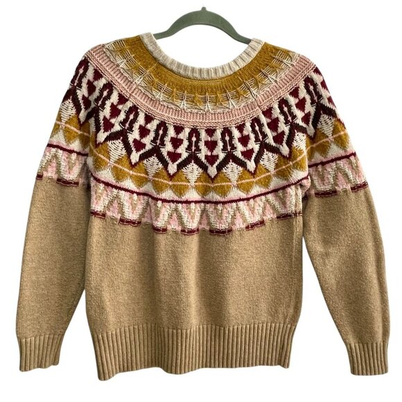 Sundance Nordic Fair Isle Sweater Cotton Wool Tan Baby Pink Crewneck Pullover XS - Picture 3 of 12